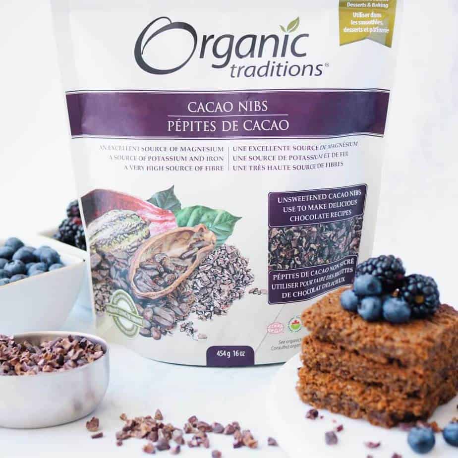 Organic Traditions Cacao Nibs for Gluten-Free Chocolate Hazelnut Blondies