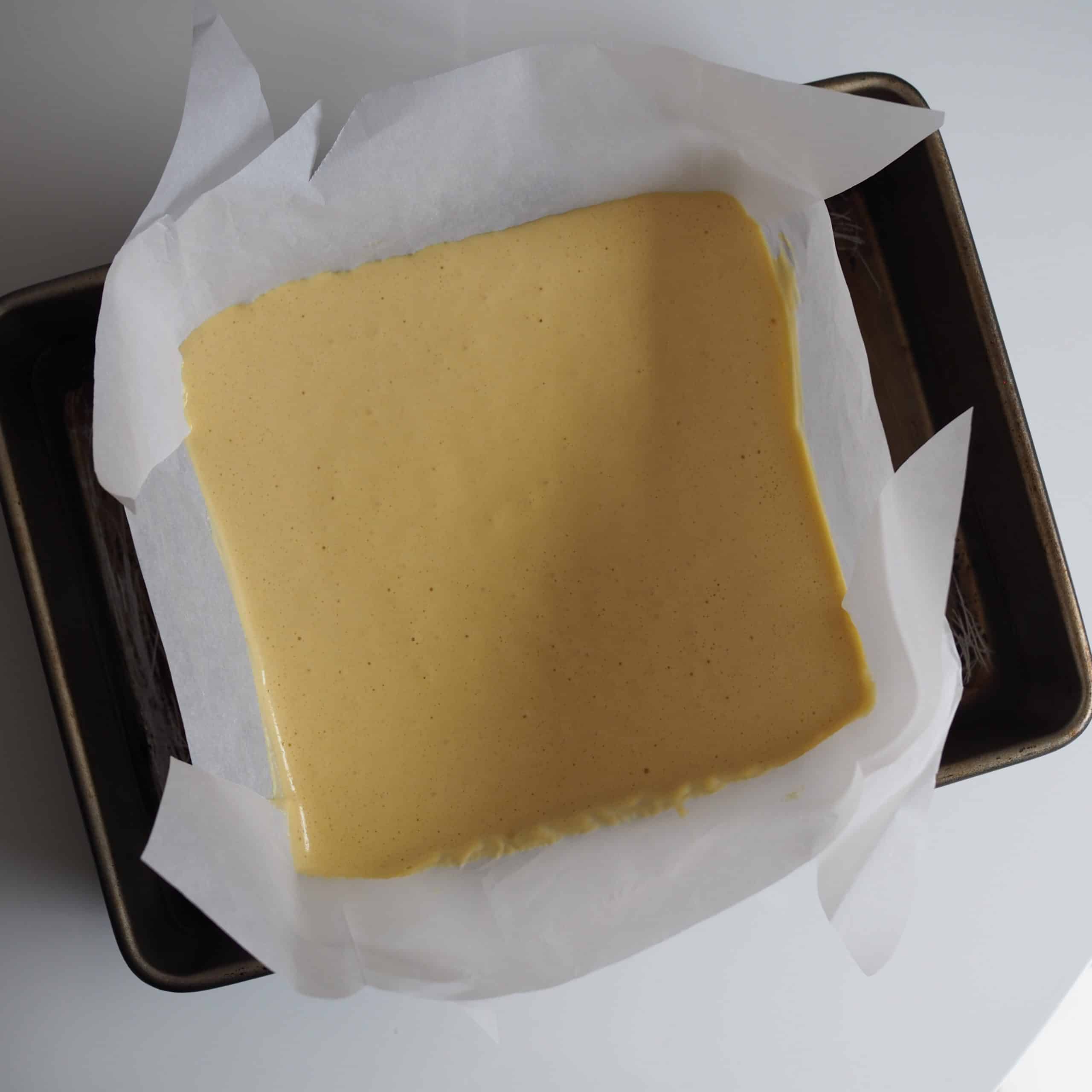 place square pan in a larger pan with dairy-free castella cake