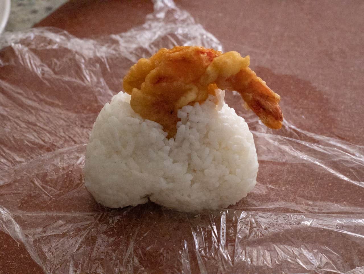 stuff shrimp into rice ball