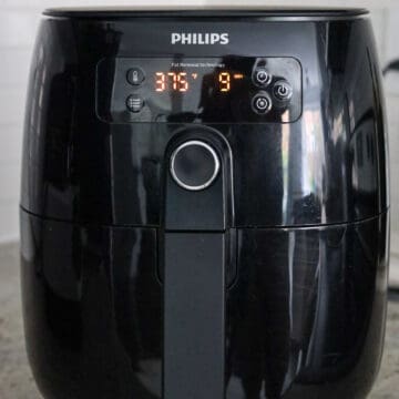 Air fry the chicken for 8-9 minutes at 375 degrees F or until an internal temperature is 165 F with a digital instant read thermometer and skin is browned. No need to flip halfway. Note: the cooking time will range per air fryer so monitor the cooking process.