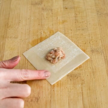 Prepare a small bowl of water nearby. On a clean working surface, lay out one  wonton skin flat. Add 1 teaspoon of filling into the center of each wrapper. Using your finger or the back of the spoon, dab water along the corner of a wonton wrapper.