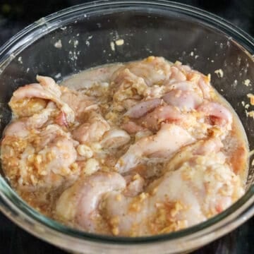 Transfer skinless boneless chicken thighs to a large bowl or a resealable bag. Pour marinade over the chicken thighs and marinate for at least 1 hour, or overnight.