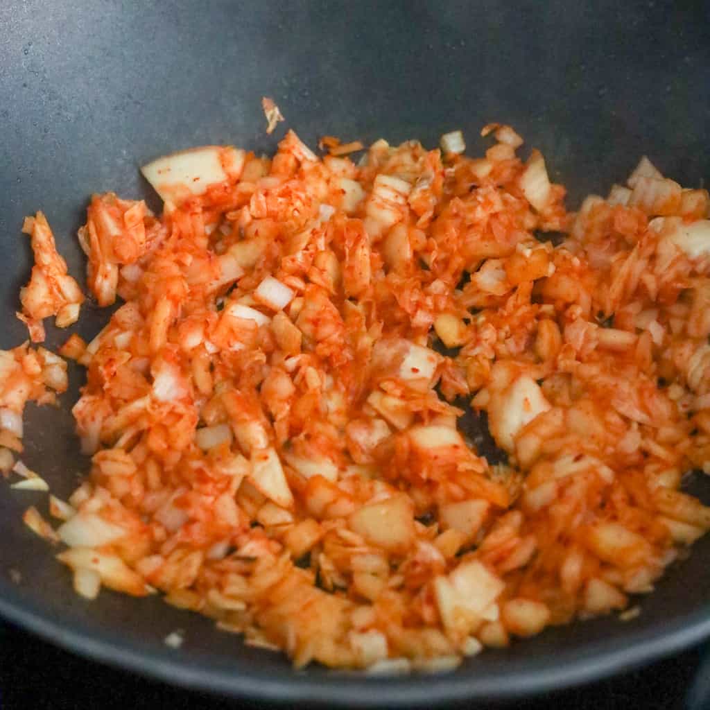 fry kimchi and aromatics