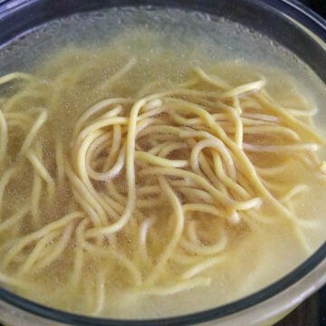 Soak lo mein noodles in hot boiling water for 15-20 seconds just until loosened and al dente.