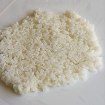 Scoop one portion of the warm rice into the center of the plastic wrap. Spread out evenly into a circle, about ½-inch thick.