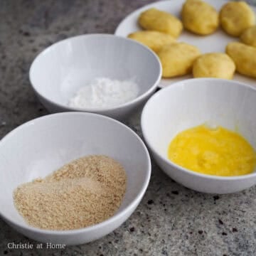 prepare a bowl of cornstarch, another with beaten eggs and another with panko