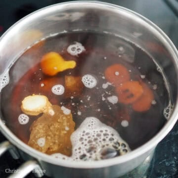 In a small pot, add water and bring it a boil. Then add ginger slices, yellow rock sugar and brown sugar. Mix, cover and reduce to a rolling simmer on low-medium heat for 10 minutes or until the sugar has dissolved completely.