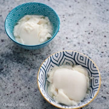 Then scoop layers of the chilled silken tofu with a large spoon dividing between five small bowls.