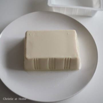 Whole block of smooth white silken tofu sitting alone on a plate.