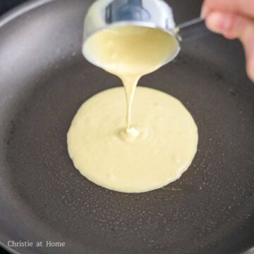 Pour ⅓ cup or 80 ml of the pancake batter into the center of the pan and let it naturally spread into a 4 to 5 inch wide circle. Do not tilt the pan.