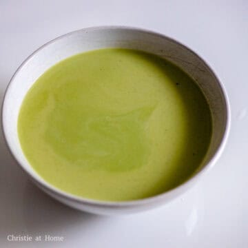 Whisk together the milk and pandan extract.  Microwave for 60 seconds or heat in a small saucepan until lukewarm. 