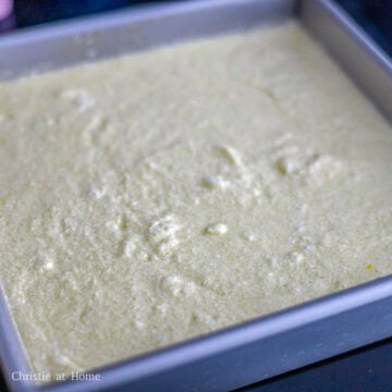 Pour the cake batter into the square cake pan.