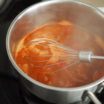 In a small saucepan, add your sauce ingredients and whisk them together. Then bring it to a boil over medium-high heat, while stirring.