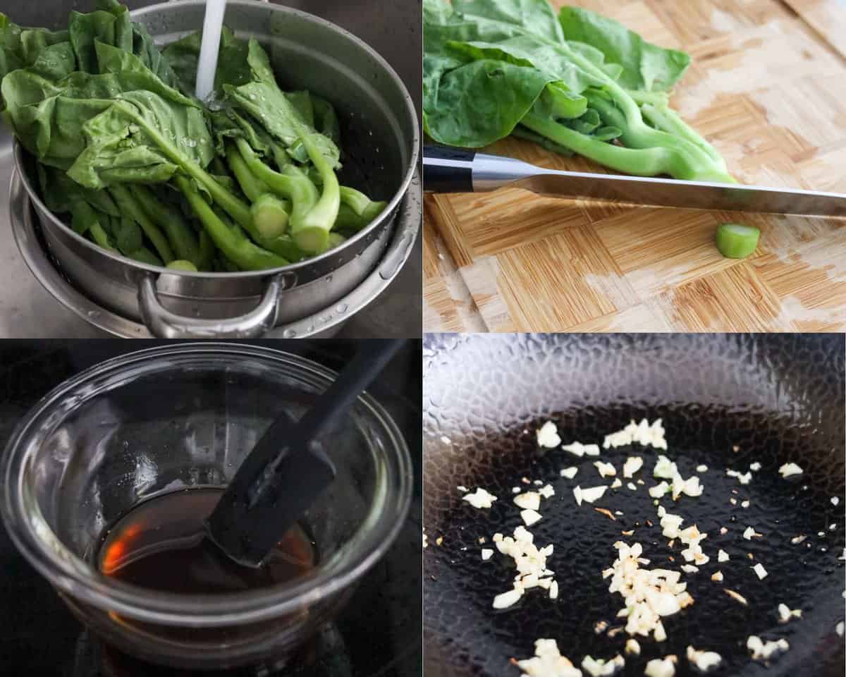 Wash the gai lan, trim the ends, mix the sauce and fry garlic