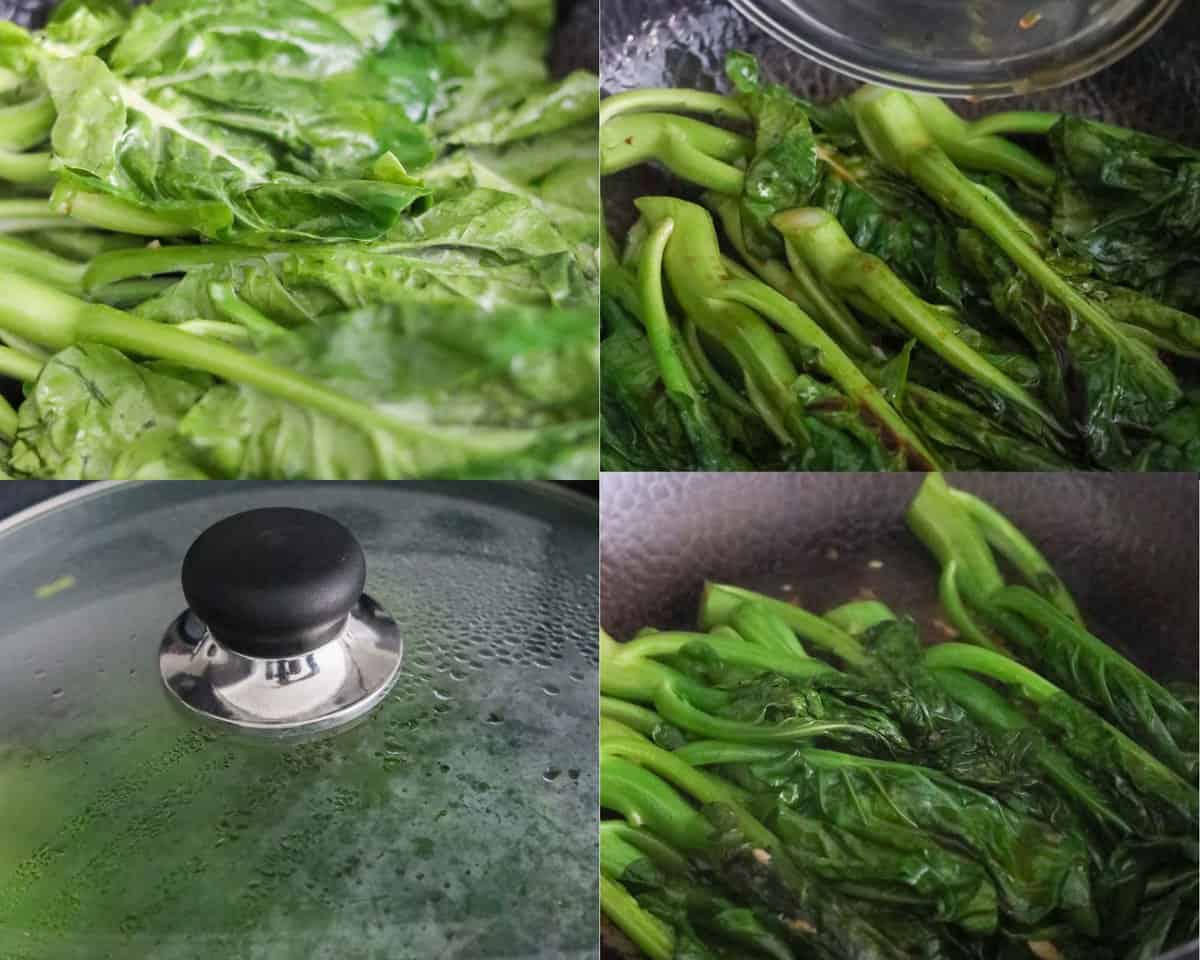 fry greens with sauce and add water to cook through