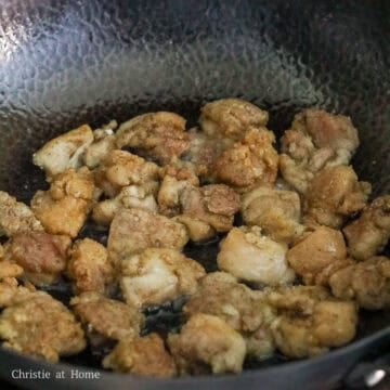 Heat vegetable oil in a large pan on medium heat. Once the oil is hot and shiny, fry chicken for a total of 7-8 minutes until golden and crispy, flipping over halfway. 