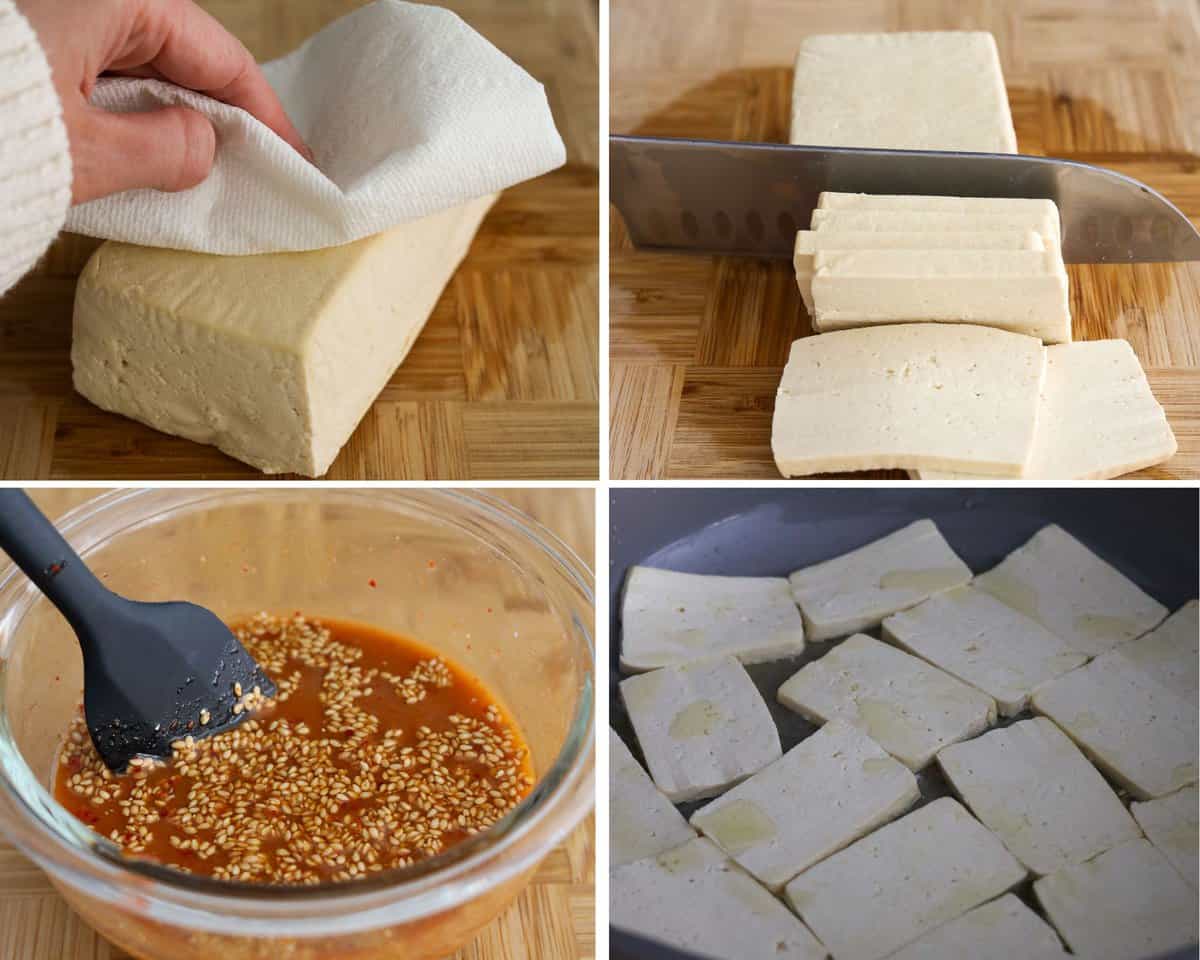 pat tofu dry, slice and pan fry