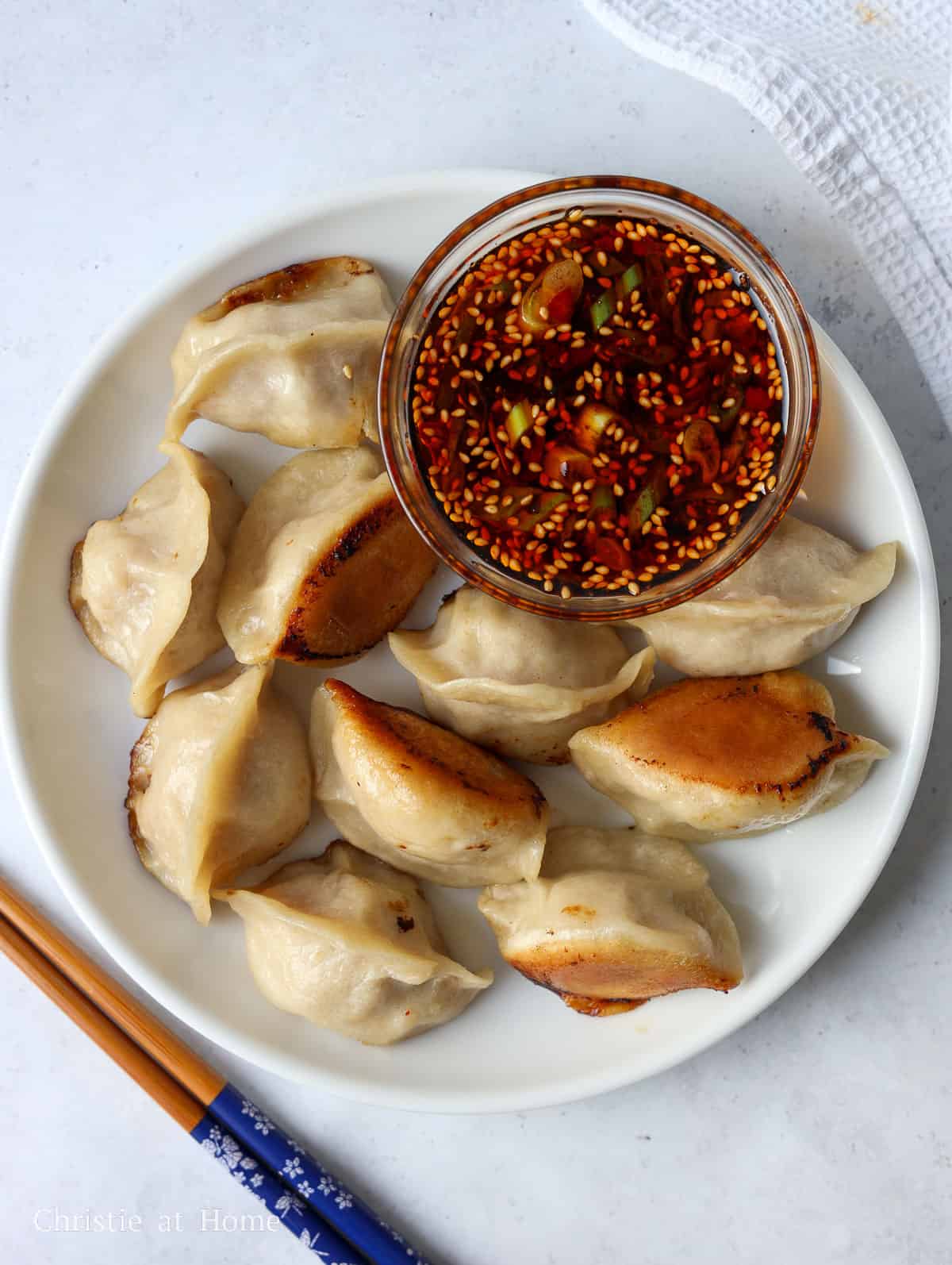 shot of dumplings with sauce