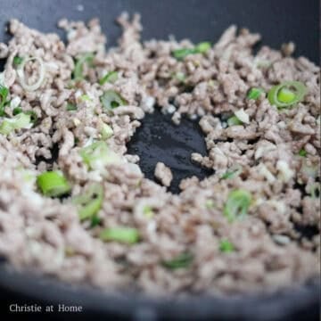 Heat vegetable oil in a large pan on medium heat and cook minced meat until cooked through and there are no liquids in the pan, about 4-5 minutes.  Add minced garlic, ginger and scallion whites and stir fry with pork.