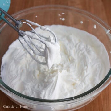 In a large bowl, add whipping cream and white granulated sugar. Whisk until you have stiff peaks but don't over whip it. Tip: if you have an electric hand mixer or stand mixer, start whisking on low speed and work your way up to medium-high speed.