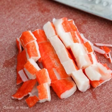 Chop your imitation crab meat into 1-inch long pieces and set aside. 