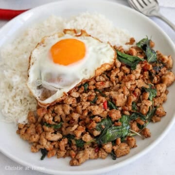 Serve immediately with cooked rice and fried egg on top (optional). 