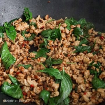 Toss in basil leaves and cook for 15-20 seconds or until leaves have softened. Remove pan off heat. 