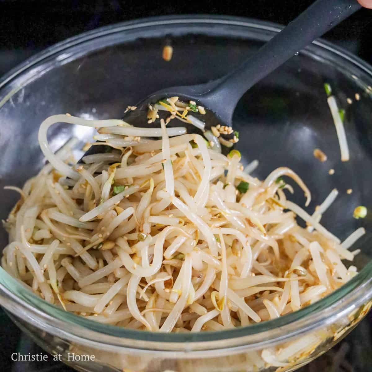 Add strained bean sprouts to large mixing bowl and mix well with sauce. Serve cold as a side dish and enjoy!