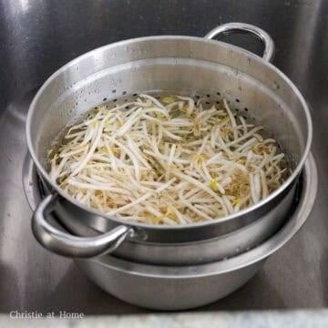 Under cold water, wash bean sprouts well at least three times to remove the natural odors and until water runs clear. Strain the sprouts.