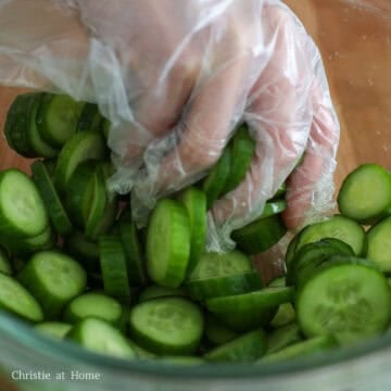 Trim and remove the cucumber ends. Thinly slice cucumbers into ¼-inch-thick rounds.  Transfer them to a large mixing bowl and massage the salt into the cucumbers. Rest for 10 minutes for the salt to pull out excess water from the cucumbers to make them crunchier. 