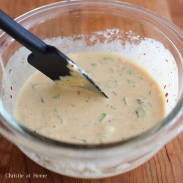 Meanwhile, in a small bowl or cup, combine the dressing ingredients as listed above until the sugar dissolves.  Set aside. 